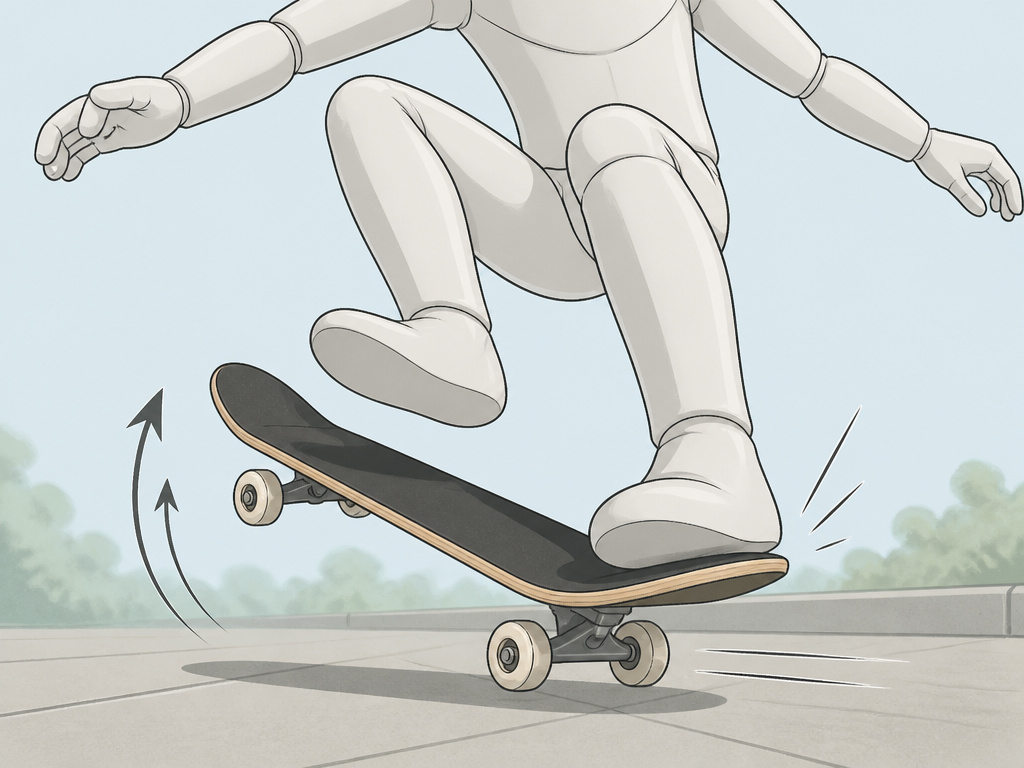 Cartoon diagram of catching a moving kickflip with the back foot mid-air.