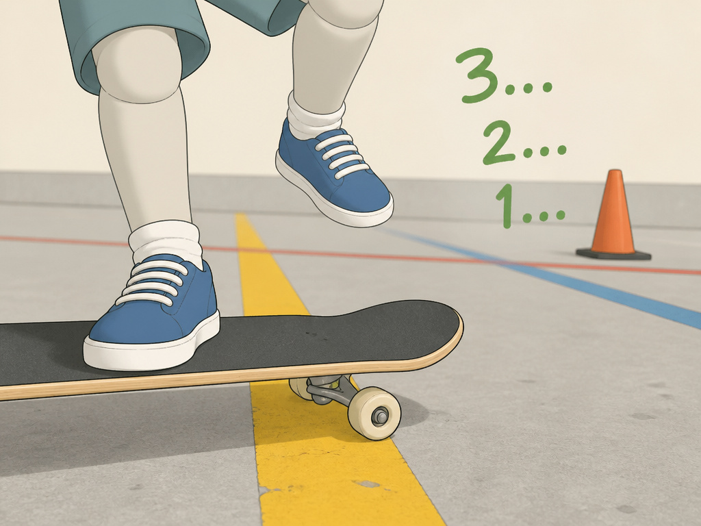 Young skateboarder playing balance game on board over colored line