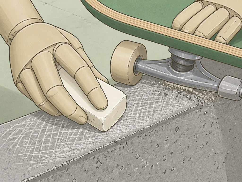 Close-up of applying skateboard wax to a rough concrete curb using cross-hatch method.