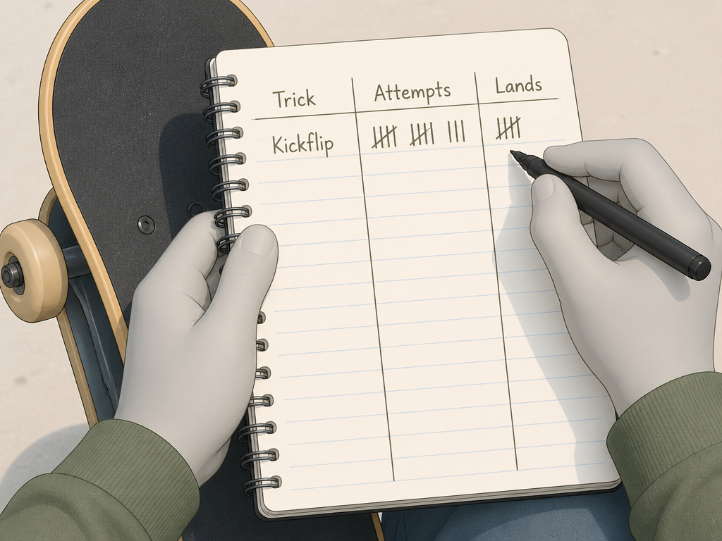 Cartoon hands logging skateboarding trick attempts and successful lands in a notebook.
