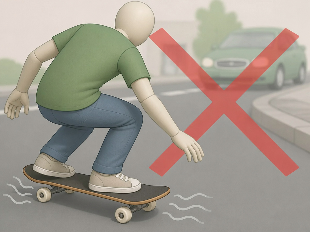 Cartoon of skateboarder crouching correctly during speed wobbles, avoiding street hazards