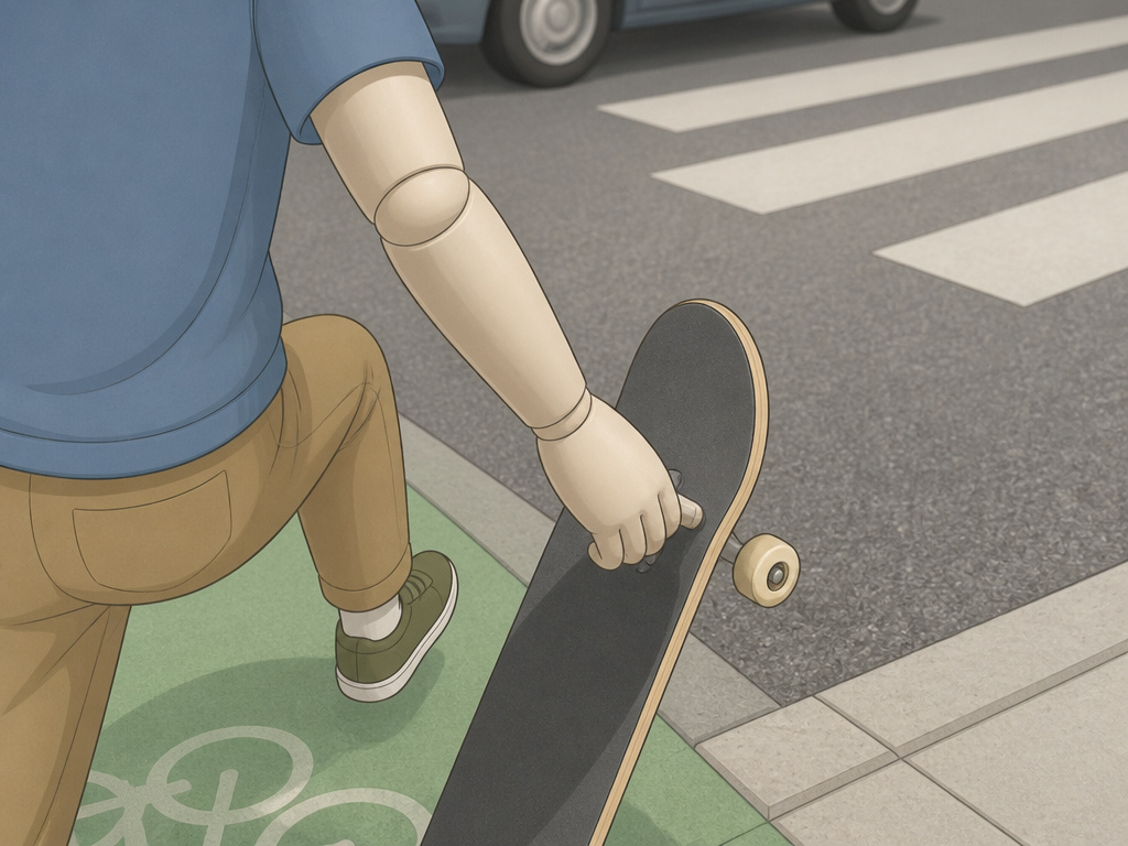 Skateboarder dismounting at a crosswalk where the bike lane ends.