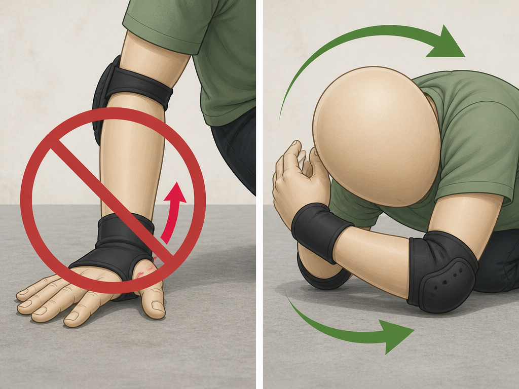Skateboard bail technique for hands and head to avoid injury.
