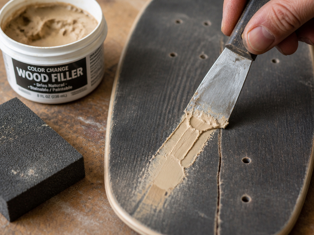 Close-up of repairing a cracked skateboard deck with wood filler and tools.
