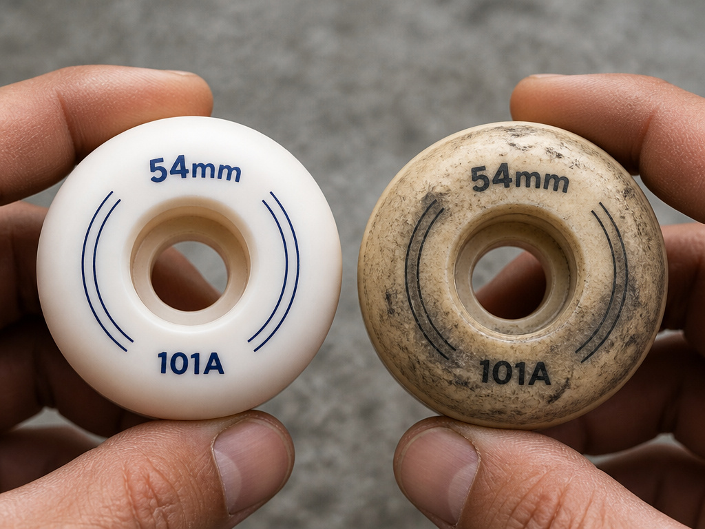 Comparison of a round freestyle skateboard wheel versus a conical street skateboard wheel.