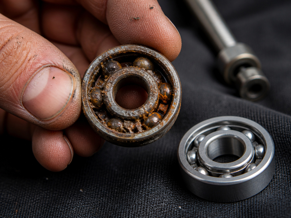 Dirty, rusty skateboard bearing next to a clean one for comparison.
