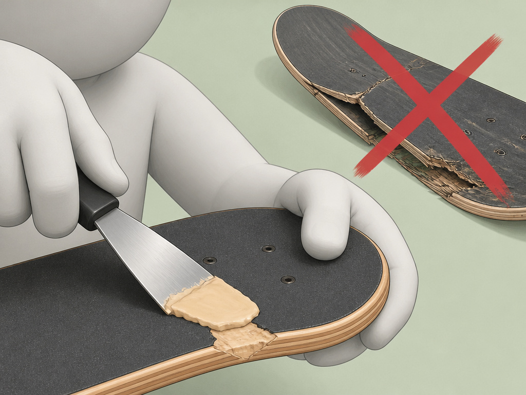 Close-up cartoon of repairing a chipped skateboard deck versus replacing a cracked one