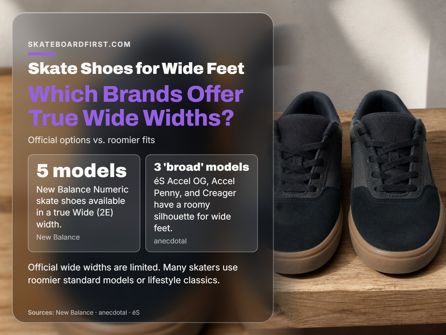 Infographic comparing skate shoe brands that offer wide widths for skaters.