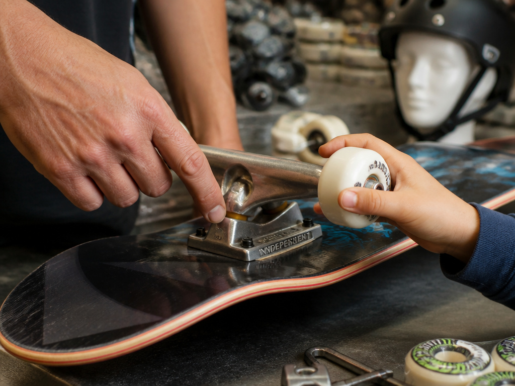 Expert in skate shop shows child a quality skateboard deck and components.