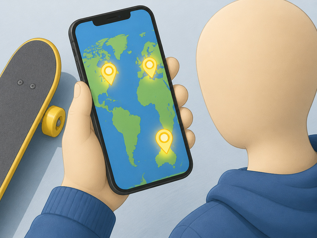 Adult using a smartphone map app to find local skateboarding groups