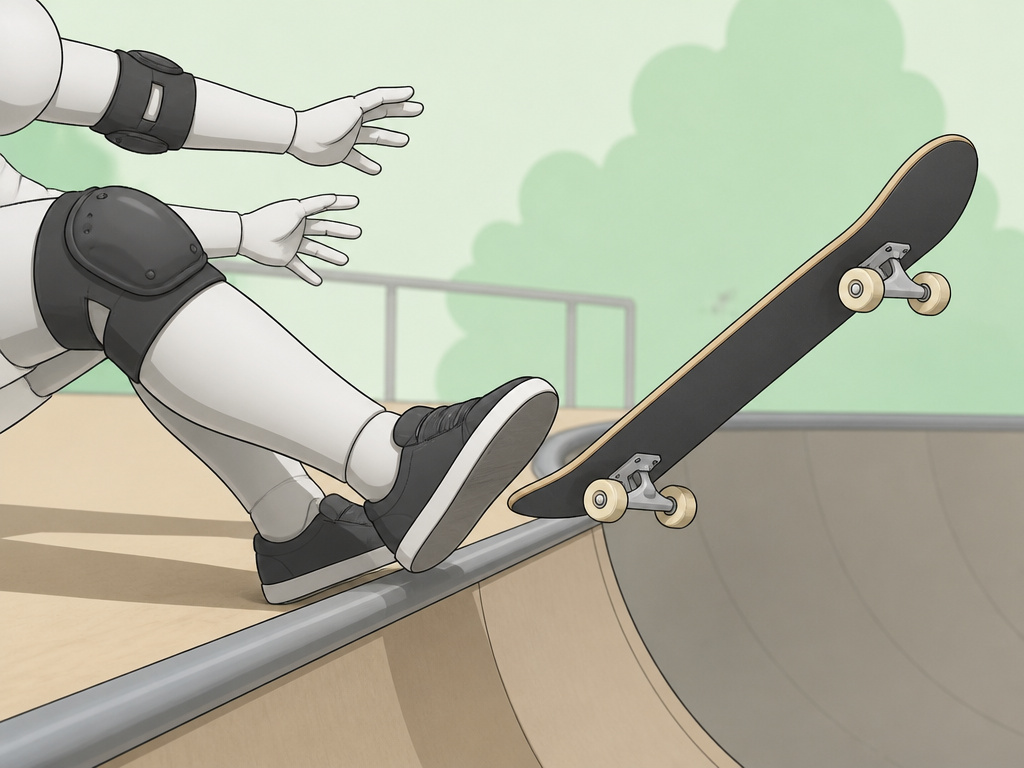 Skateboarder leaning back during a failed drop-in, wearing knee and elbow pads.