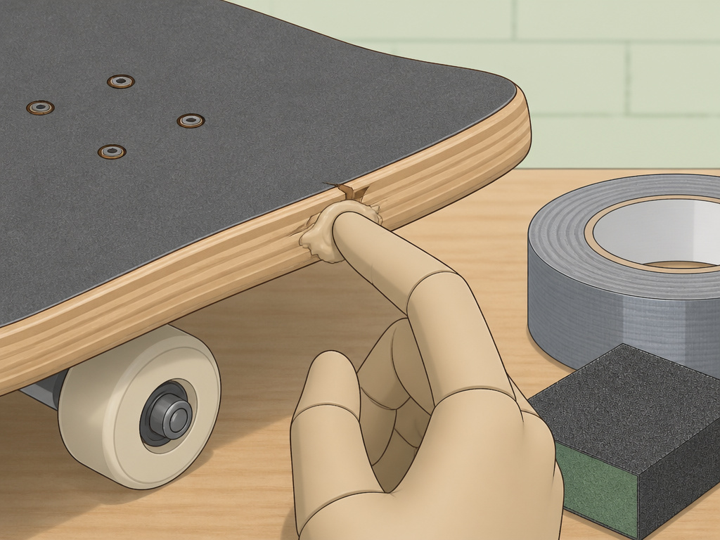 Close-up of repairing a cracked skateboard deck with wood putty and duct tape.